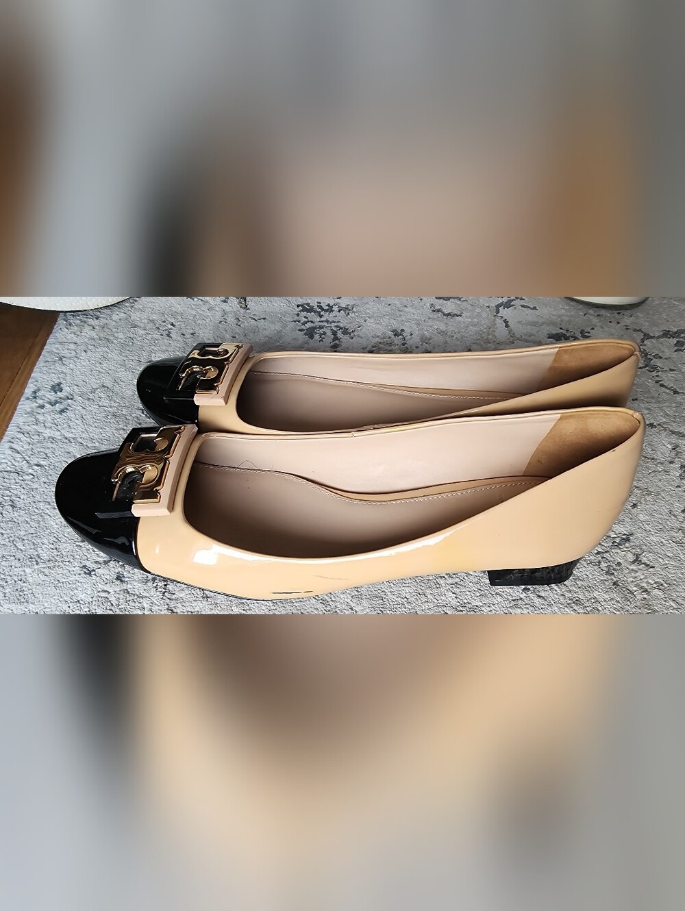 Two-Tone Beige and Black Cap-Toe Ballet Flats with Gold Accent - Picture 11 of 16